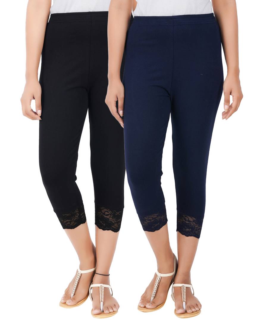 Reliable Cotton Blend Solid Skinny Fit 3/4 Capris Leggings For Women-Pack of 2